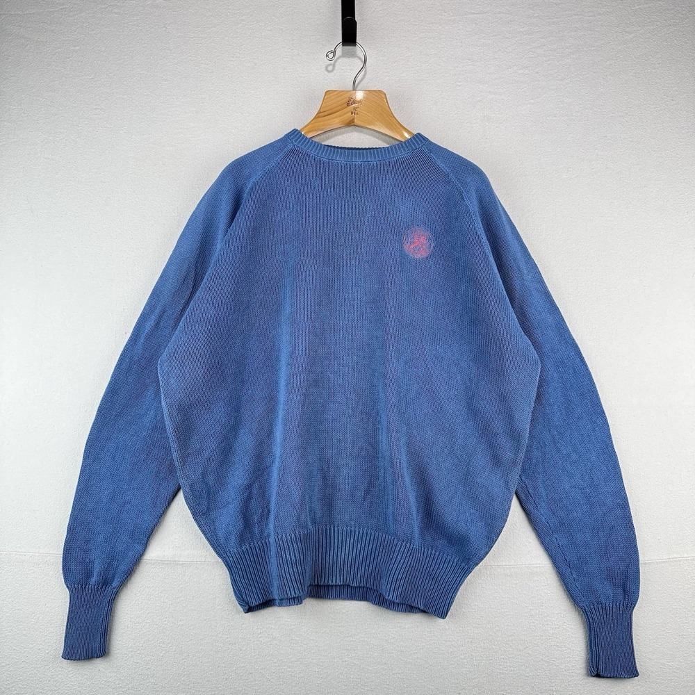 90s Vtg Polo Ralph Lauren Men's L Cookie Sweater Patch Embroidered Raglan Blue